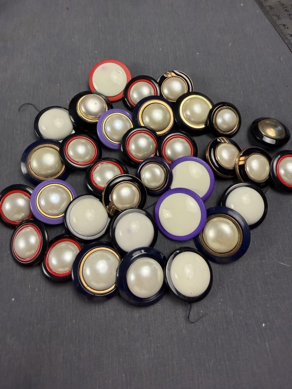 Lot Of 32 Vintage Buttons With Pearl Or White Centers Black Purple Red Gold